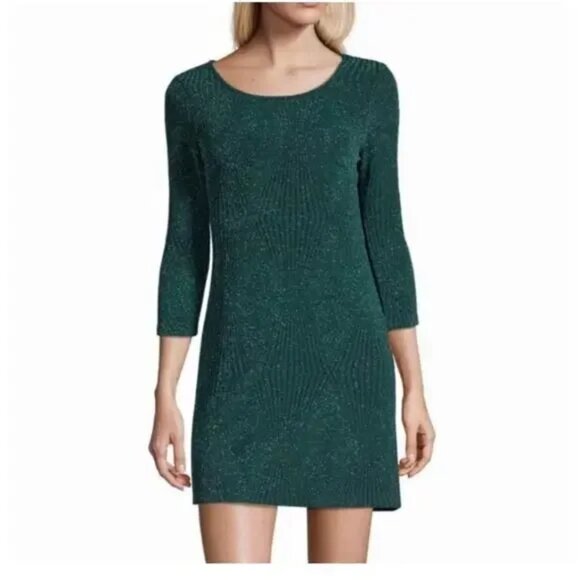 Trixxi Hunter Green Sparkly Holiday Party 3/4 Sleeve Mini Dress Size Large - Picture 1 of 13